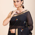 Black Chanderi Silk Cotton Jamdani Saree - Anvi Couture
