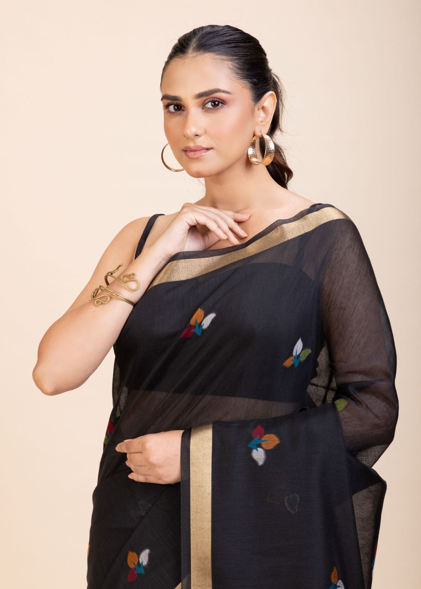 Black Chanderi Silk Cotton Jamdani Saree - Anvi Couture