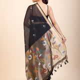 Black Chanderi Silk Cotton Jamdani Saree - Anvi Couture
