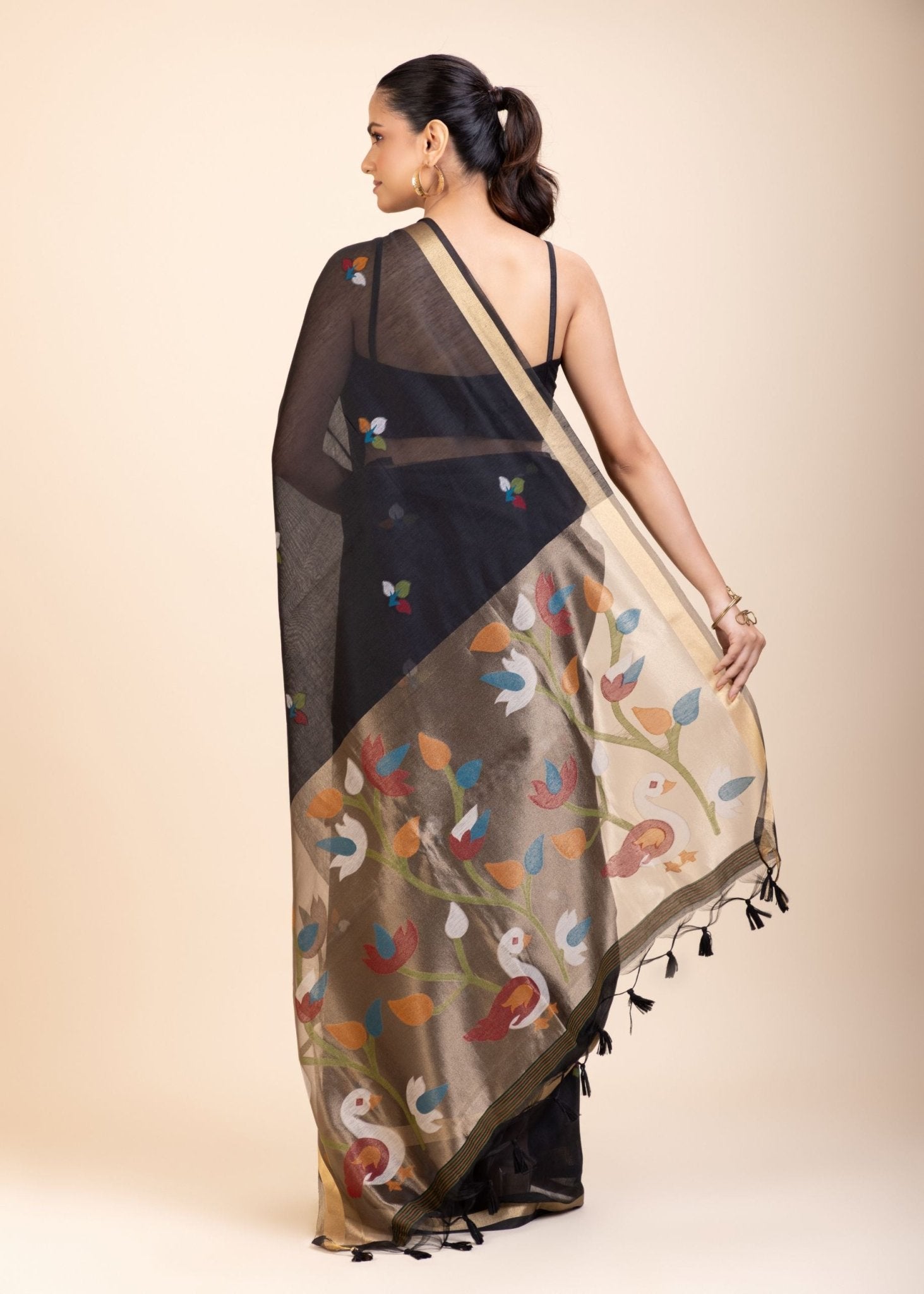 Black Chanderi Silk Cotton Jamdani Saree - Anvi Couture