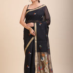 Black Chanderi Silk Cotton Jamdani Saree - Anvi Couture