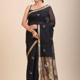 Black Chanderi Silk Cotton Jamdani Saree - Anvi Couture
