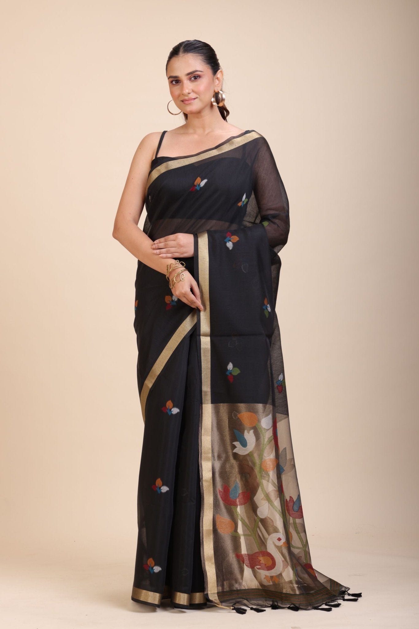 Black Chanderi Silk Cotton Jamdani Saree - Anvi Couture