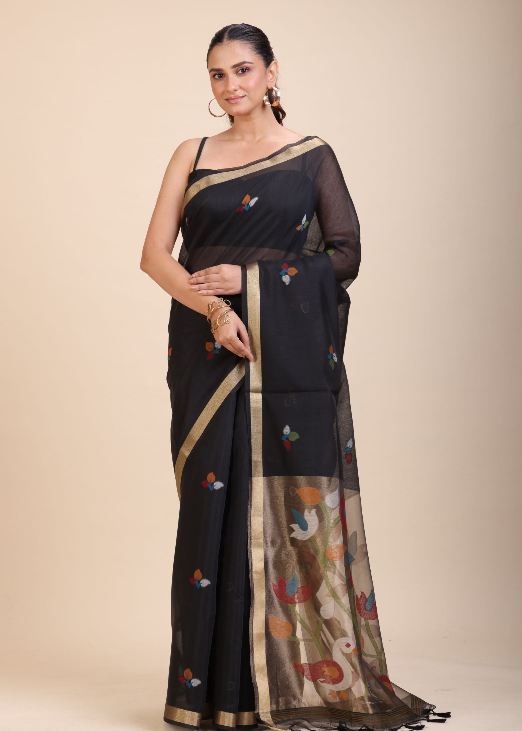Black Chanderi Silk Cotton Jamdani Saree Full