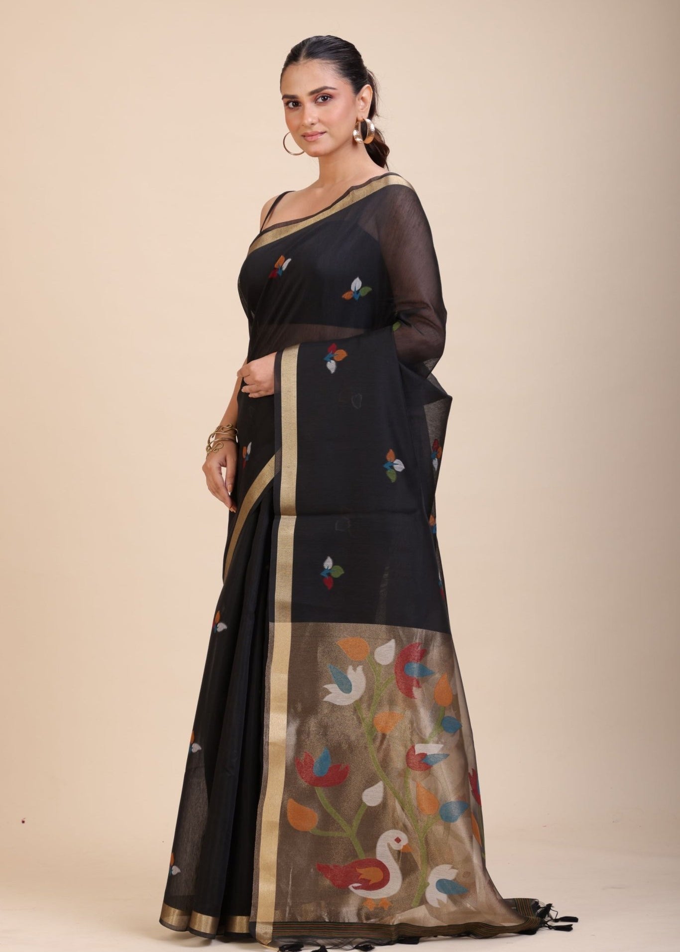 Black Chanderi Silk Cotton Jamdani Saree - Anvi Couture
