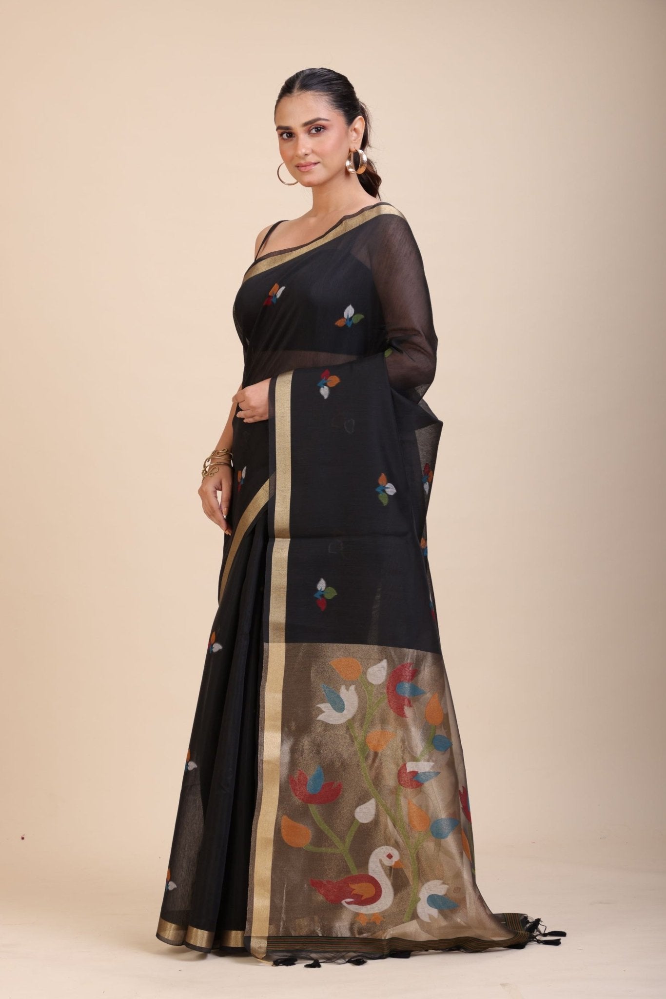 Black Chanderi Silk Cotton Jamdani Saree - Anvi Couture