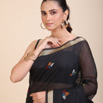Black Chanderi Silk Cotton Jamdani Saree - Anvi Couture