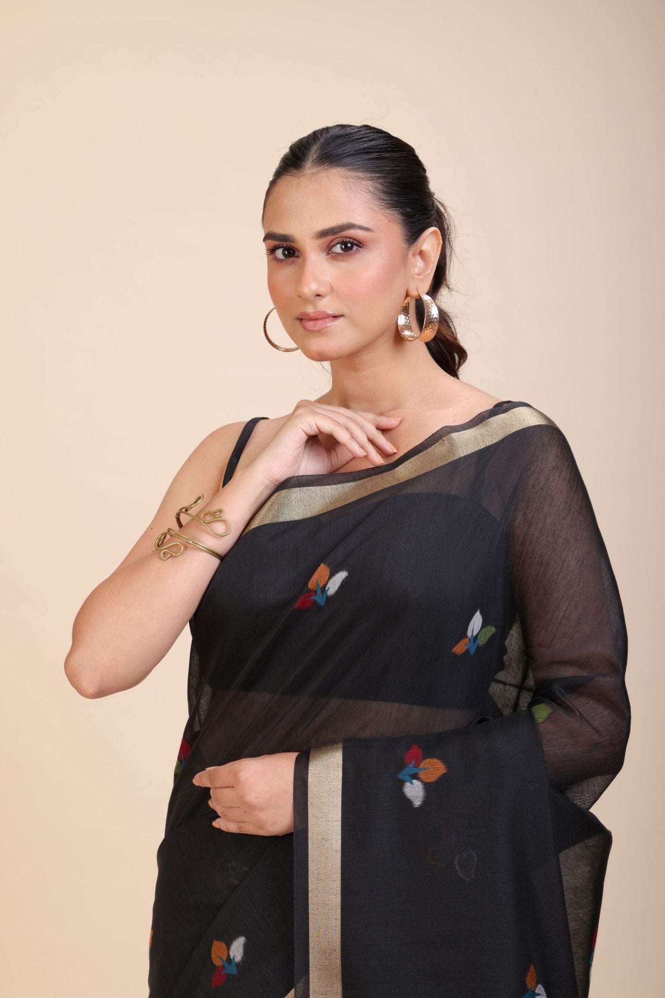 Black Chanderi Silk Cotton Jamdani Saree - Anvi Couture