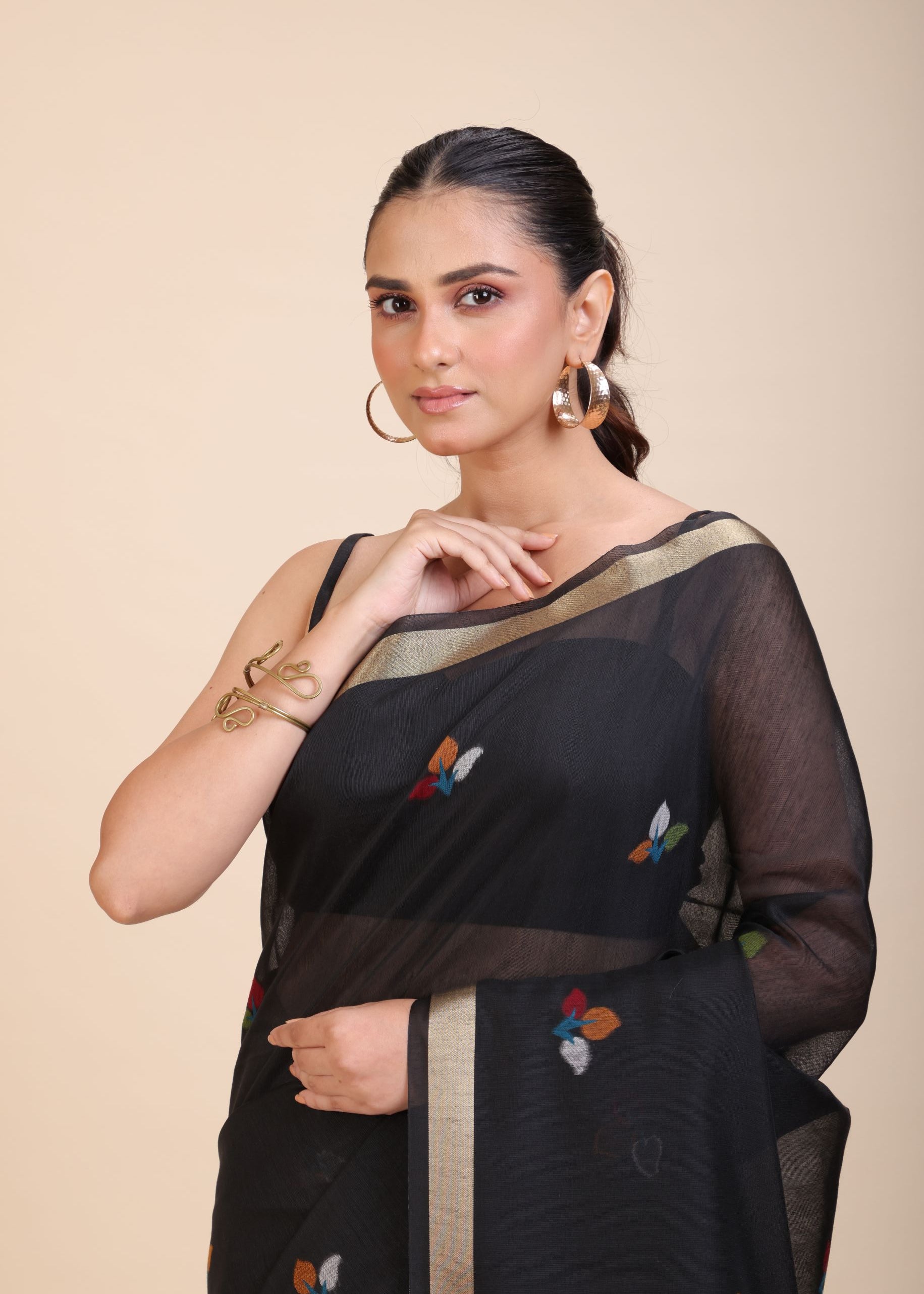 Black Chanderi Silk Cotton Jamdani Saree Close Up