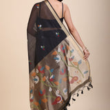 Black Chanderi Silk Cotton Jamdani Saree - Anvi Couture