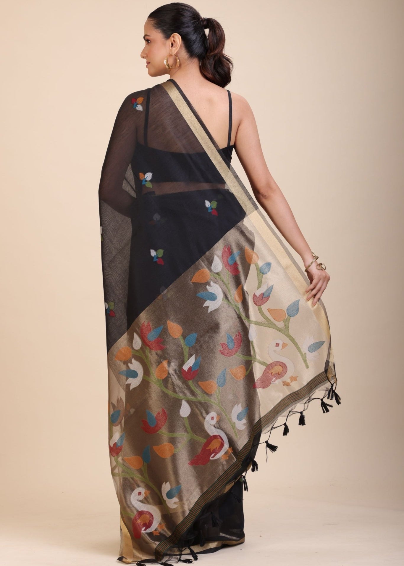 Black Chanderi Silk Cotton Jamdani Saree - Anvi Couture