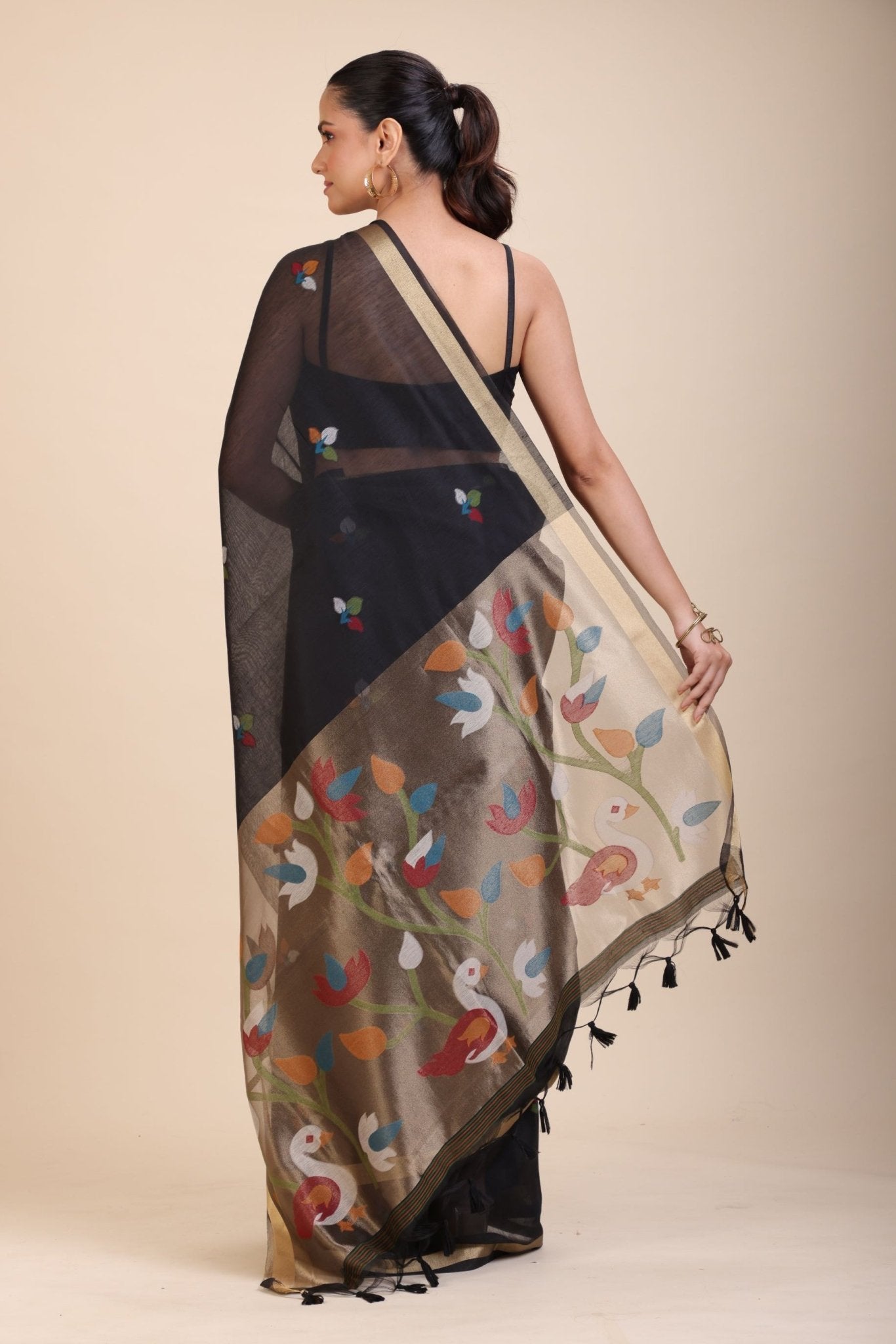 Black Chanderi Silk Cotton Jamdani Saree - Anvi Couture