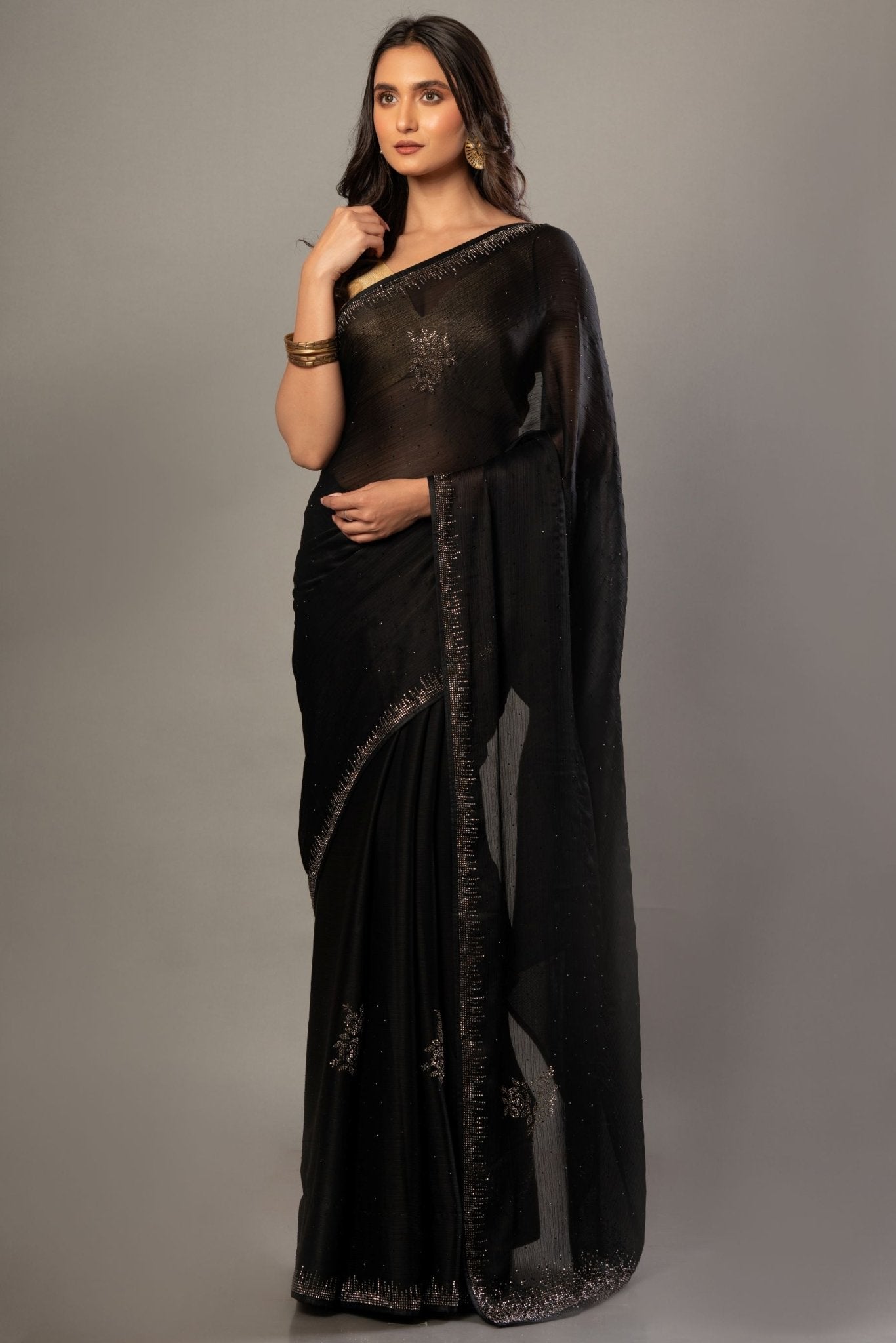 Black Chiffon Saree With Sequin Border - Anvi Couture