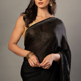 Black Chiffon Saree With Sequin Border - Close Up - Anvi Couture