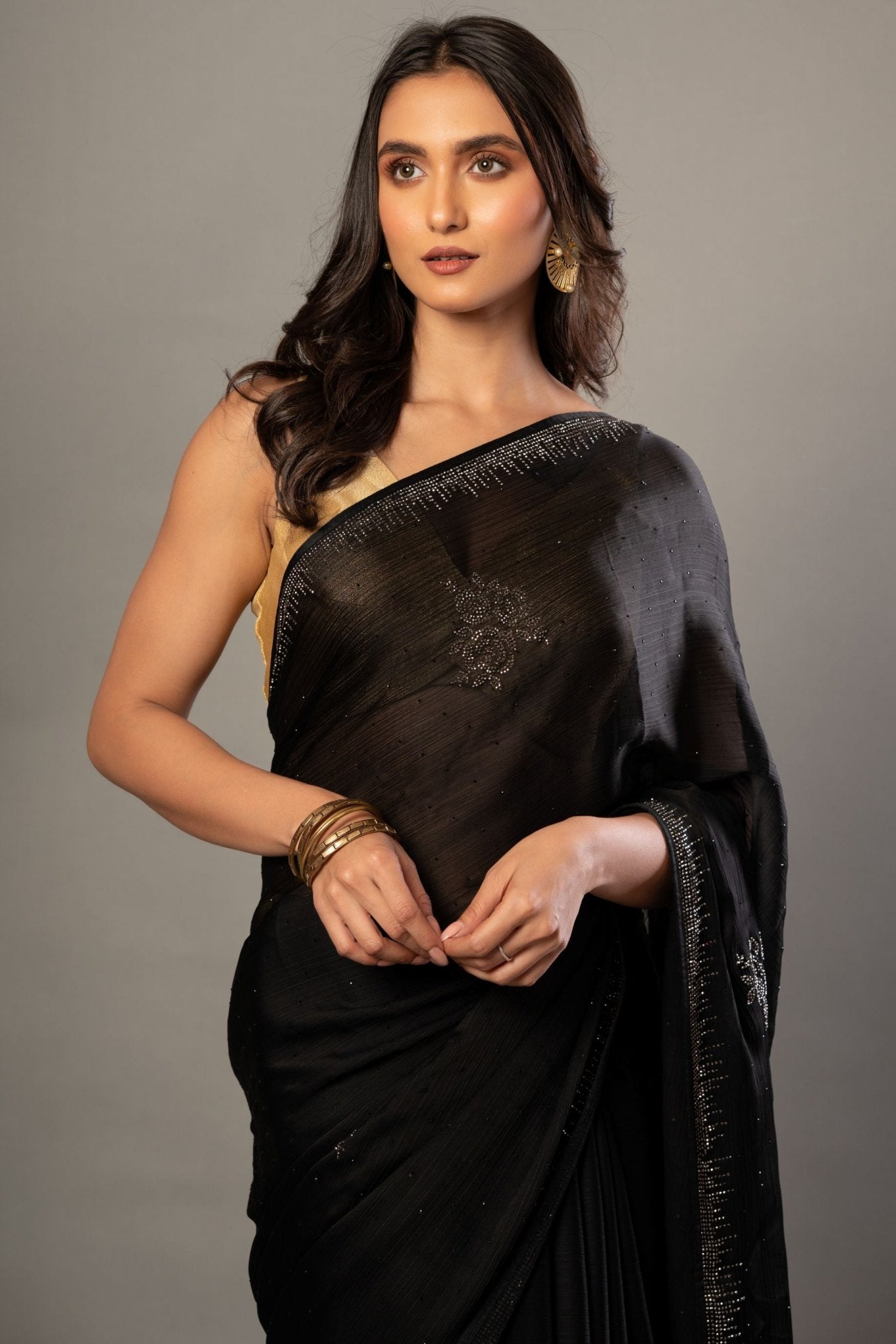 Black Chiffon Saree With Sequin Border - Close Up - Anvi Couture