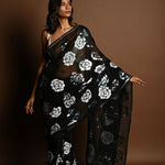 Black Chiffon Saree with Silver and Blue Floral Sequin Work - Side View