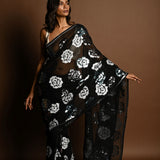 Black Chiffon Saree with Silver and Blue Floral Sequin Work - Side View