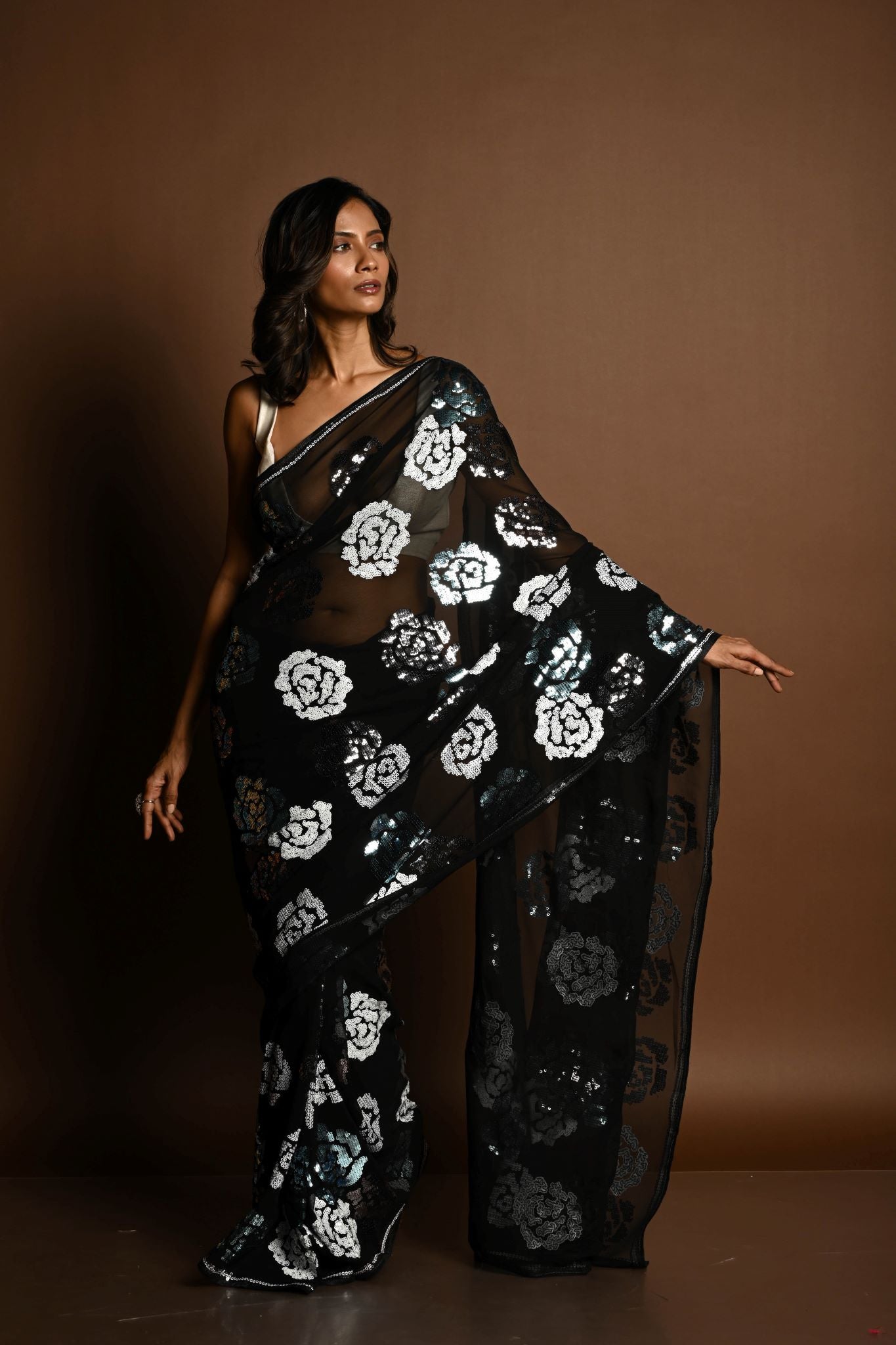 Black Chiffon Saree with Silver and Blue Floral Sequin Work - Side View