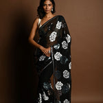 Black Chiffon Saree with Silver and Blue Floral Sequin Work – front drape view