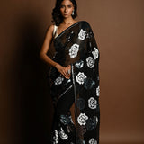 Black Chiffon Saree with Silver and Blue Floral Sequin Work – front drape view