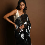 Black Chiffon Saree with Silver and Blue Floral Sequin Work