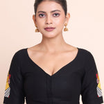 Black Cotton Embroidered Durga Puja Special Blouse Front