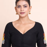 Black Cotton Embroidered Durga Puja Special Blouse Front