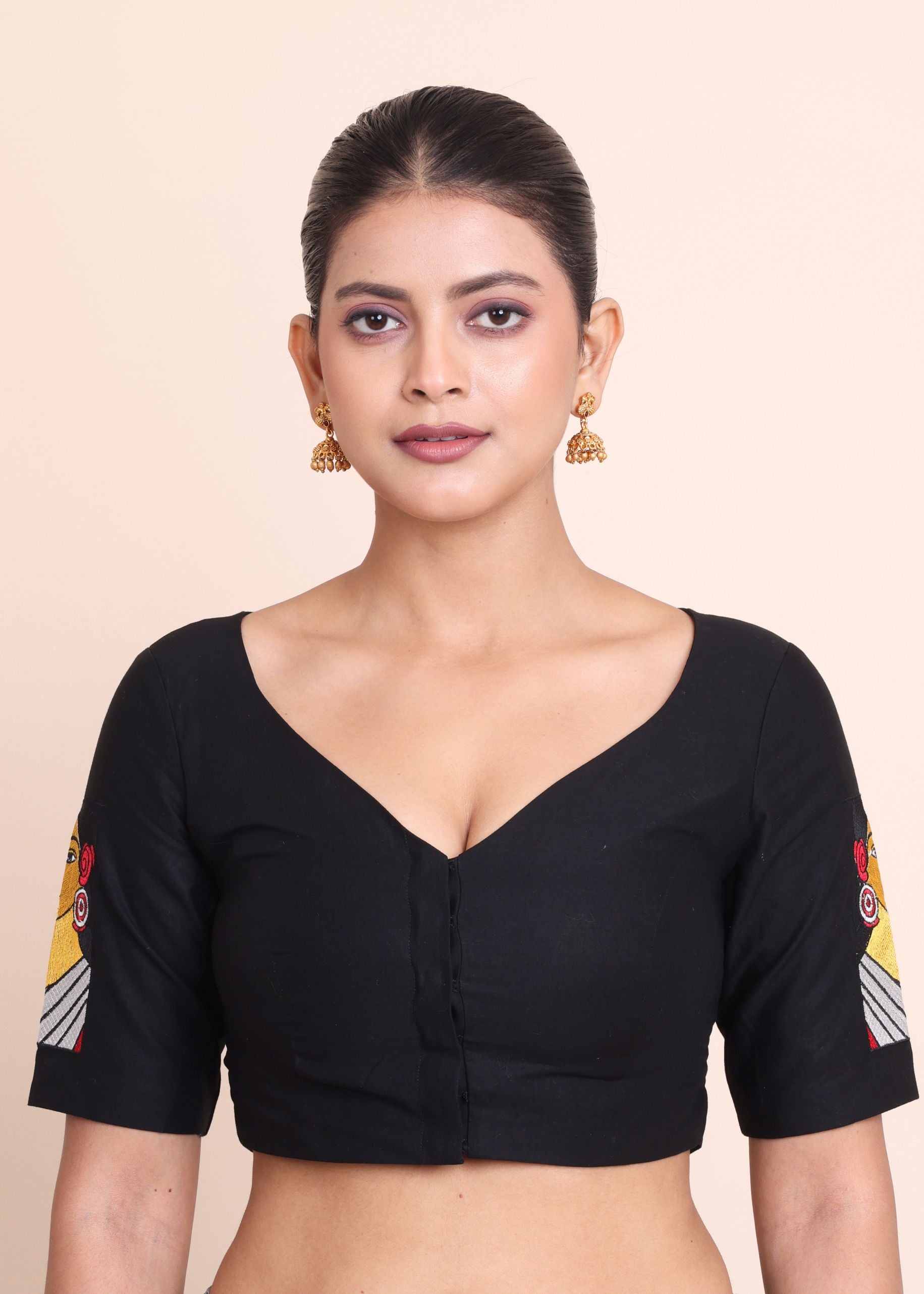 Black Cotton Embroidered Durga Puja Special Blouse Front
