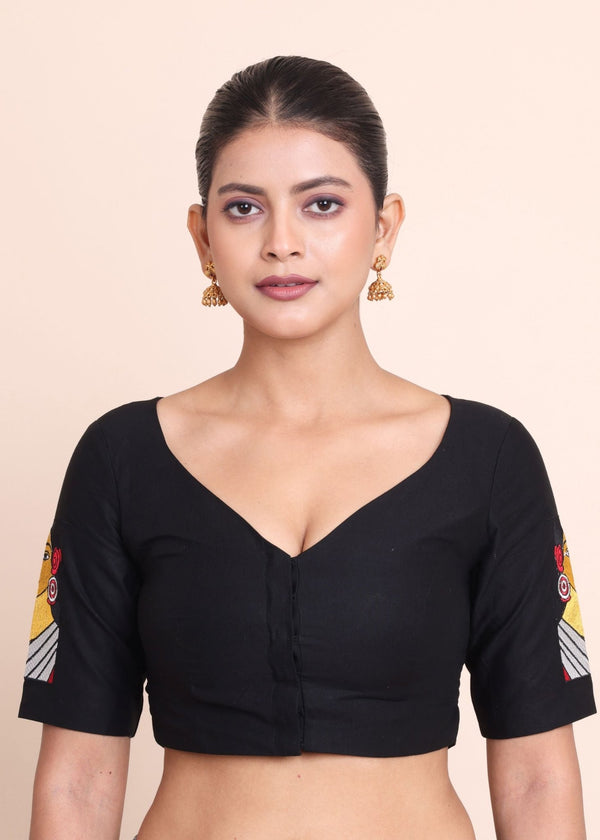 Black Cotton Embroidered Durga Puja Special Blouse - Anvi Couture