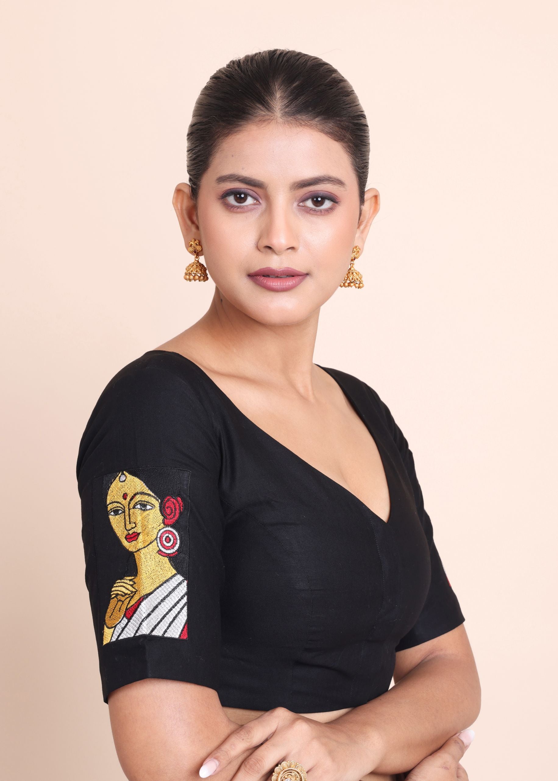 Black Cotton Embroidered Durga Puja Special Blouse right side
