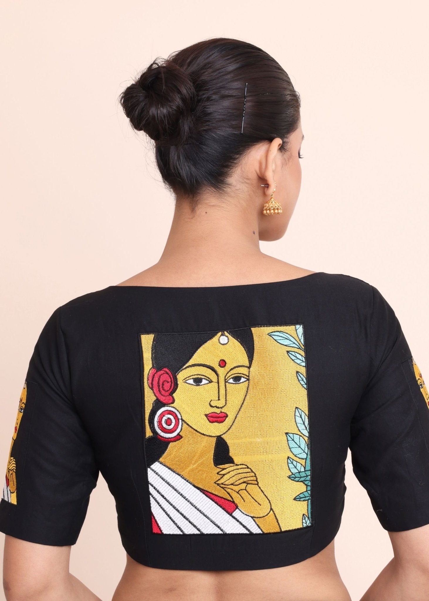 Black Cotton Embroidered Durga Puja Special Blouse - Anvi Couture