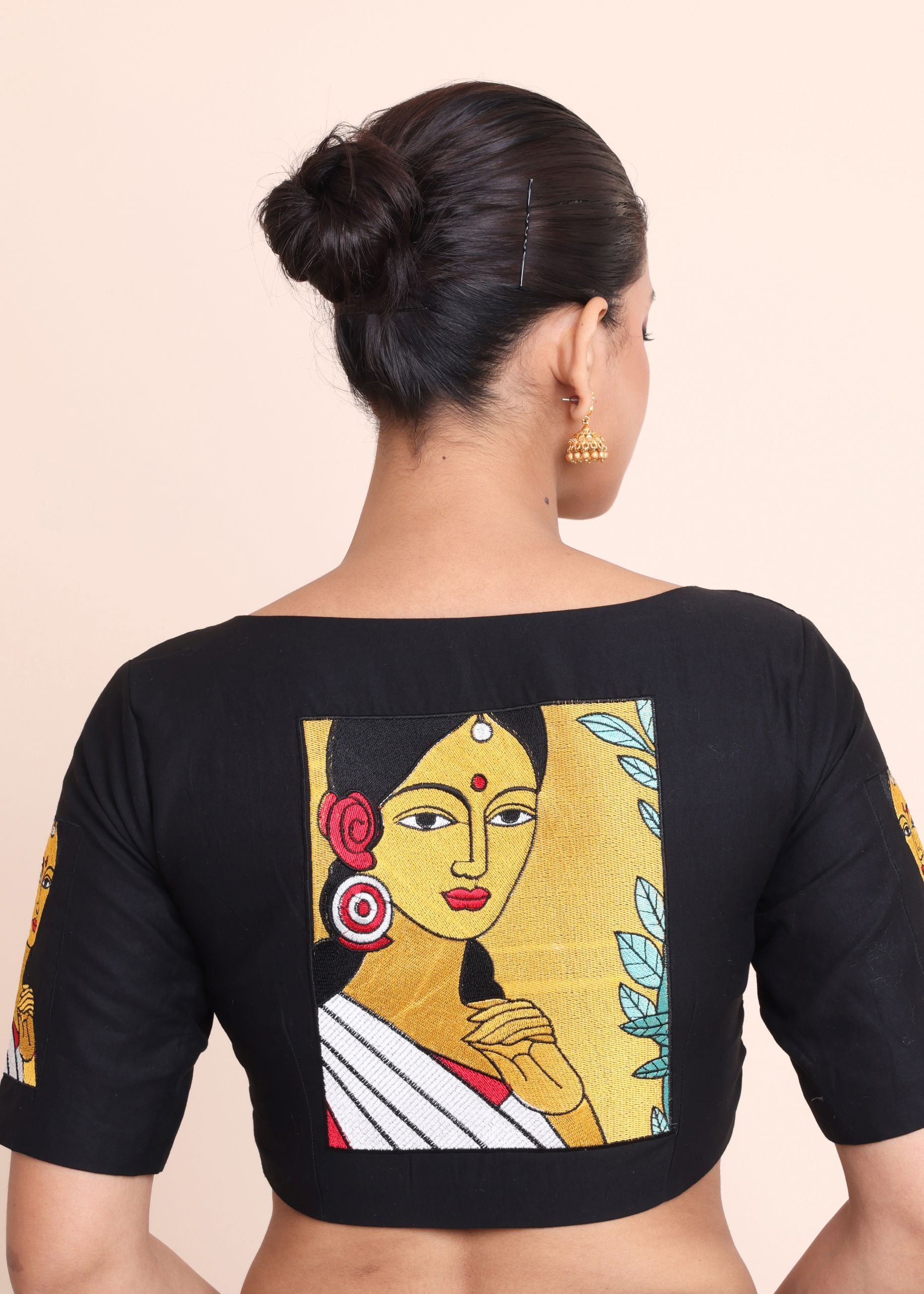 Black Cotton Embroidered Durga Puja Special Blouse Back