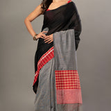 Black Cotton Gamcha Saree With Gray and Red Checks - Anvi Couture