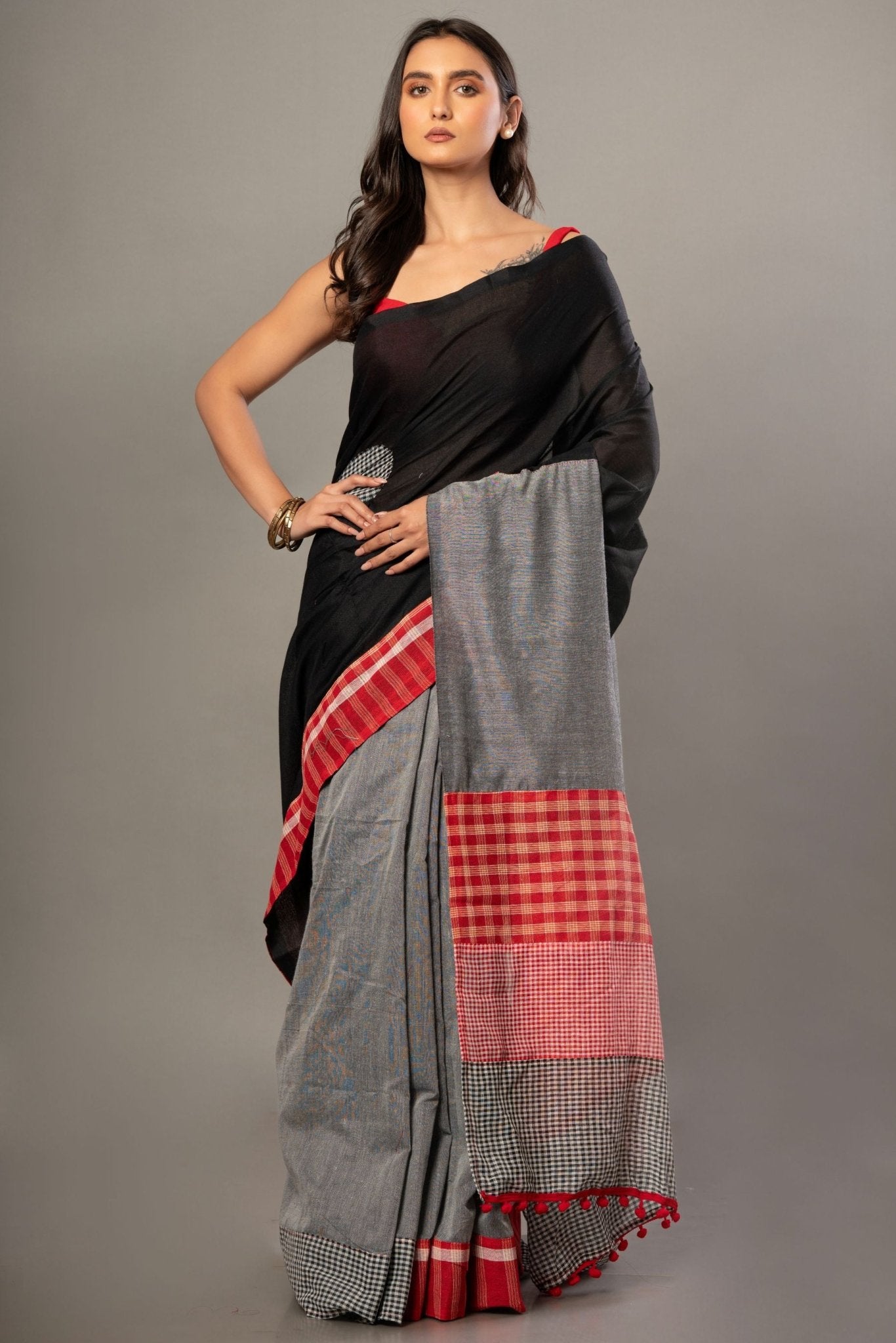 Black Cotton Gamcha Saree With Gray and Red Checks - Anvi Couture