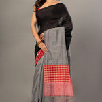 Black Cotton Gamcha Saree With Gray and Red Checks - Anvi Couture