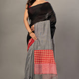 Black Cotton Gamcha Saree With Gray and Red Checks - Anvi Couture