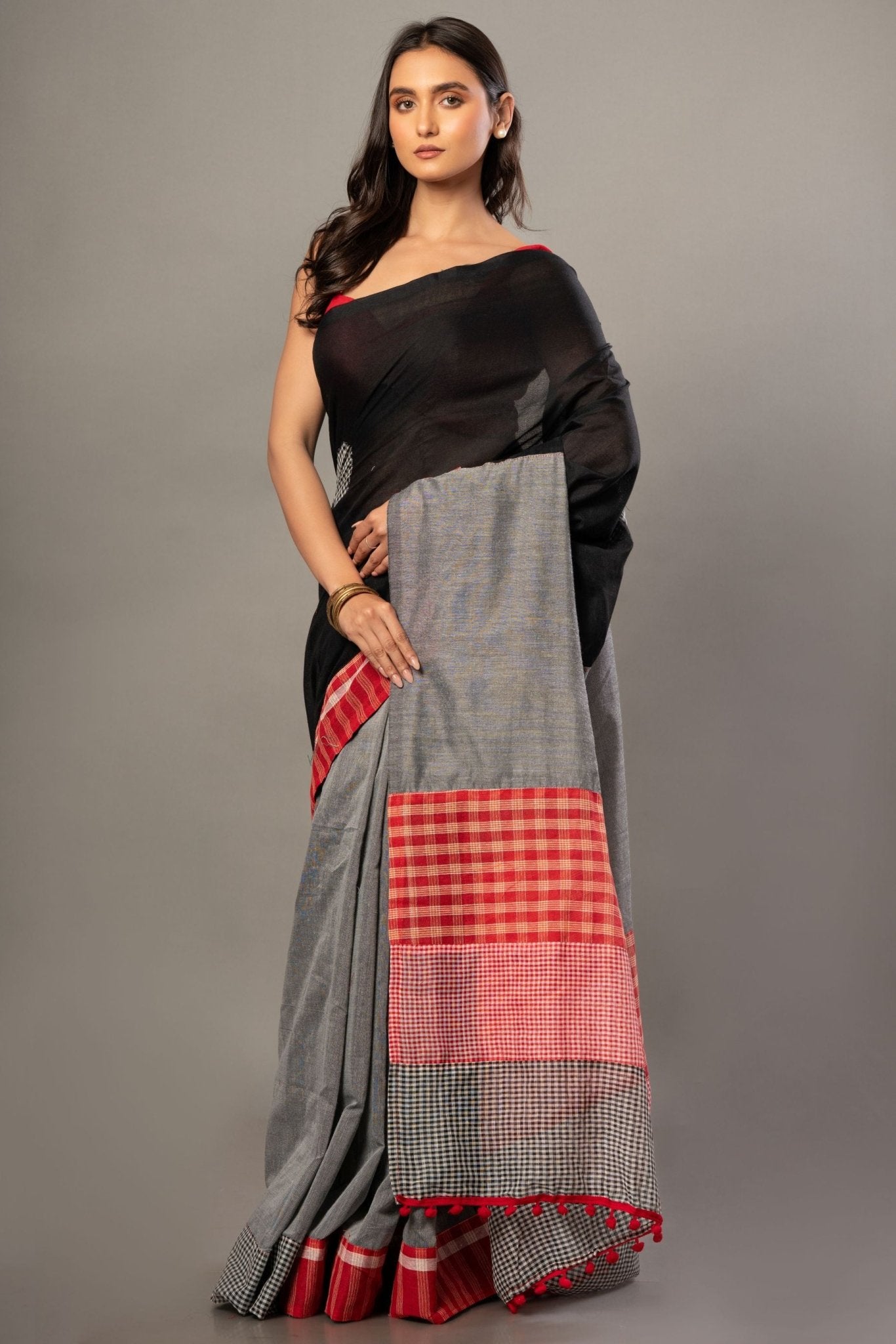 Black Cotton Gamcha Saree With Gray and Red Checks - Anvi Couture