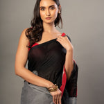 Black Cotton Gamcha Saree With Gray and Red Checks - Anvi Couture