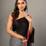 Black Cotton Gamcha Saree With Gray and Red Checks - Anvi Couture