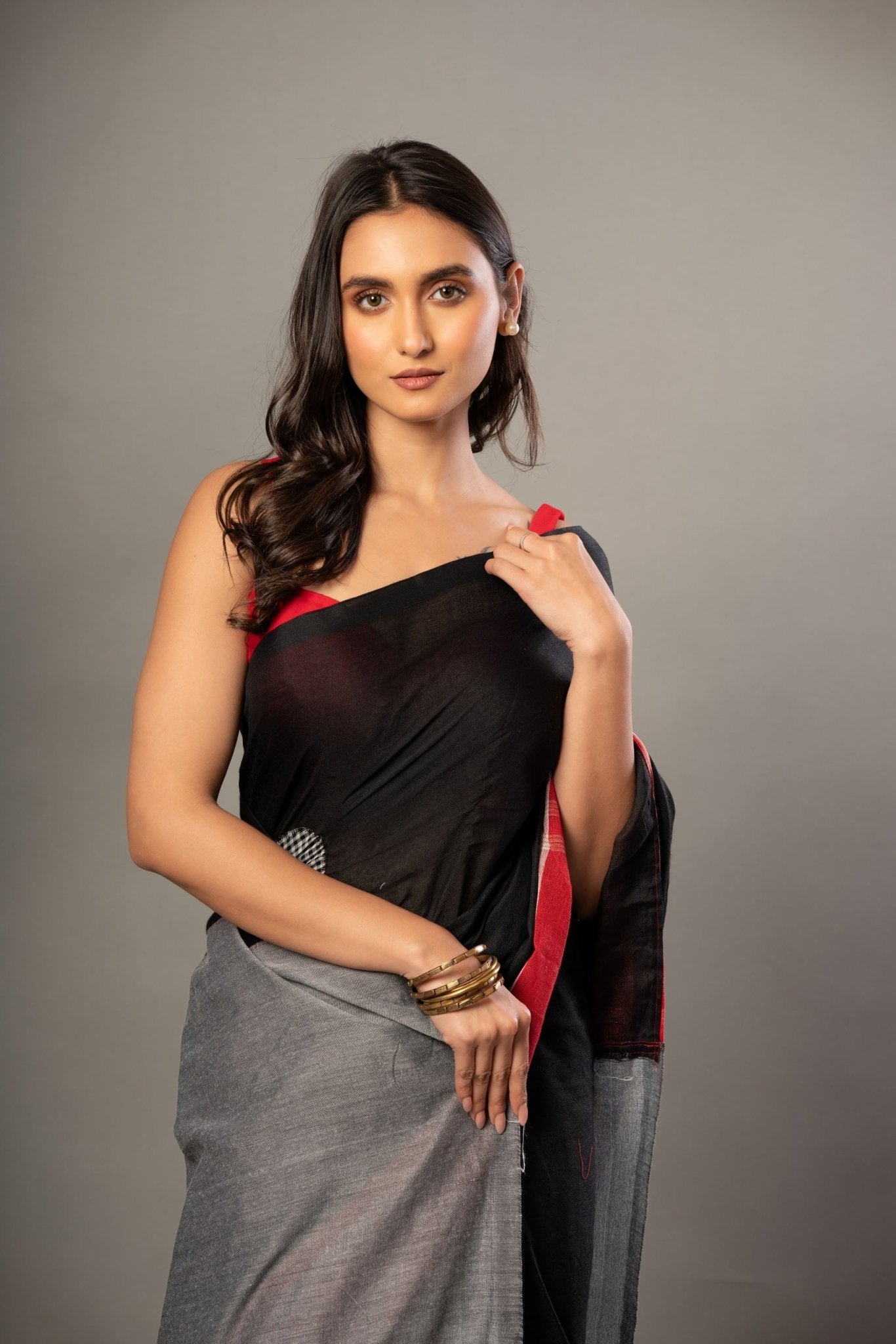 Black Cotton Gamcha Saree With Gray and Red Checks - Anvi Couture