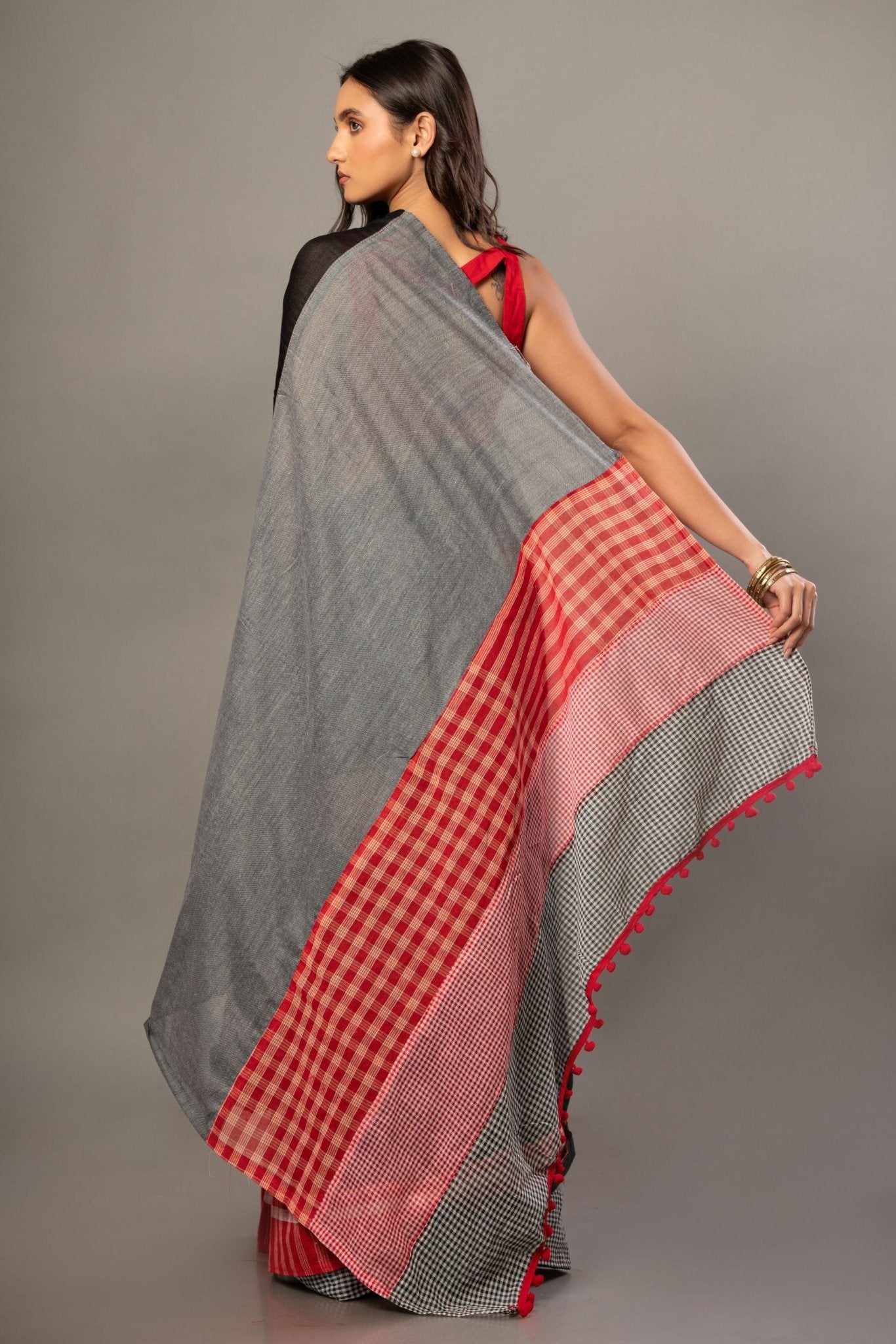 Black Cotton Gamcha Saree With Gray and Red Checks - Anvi Couture