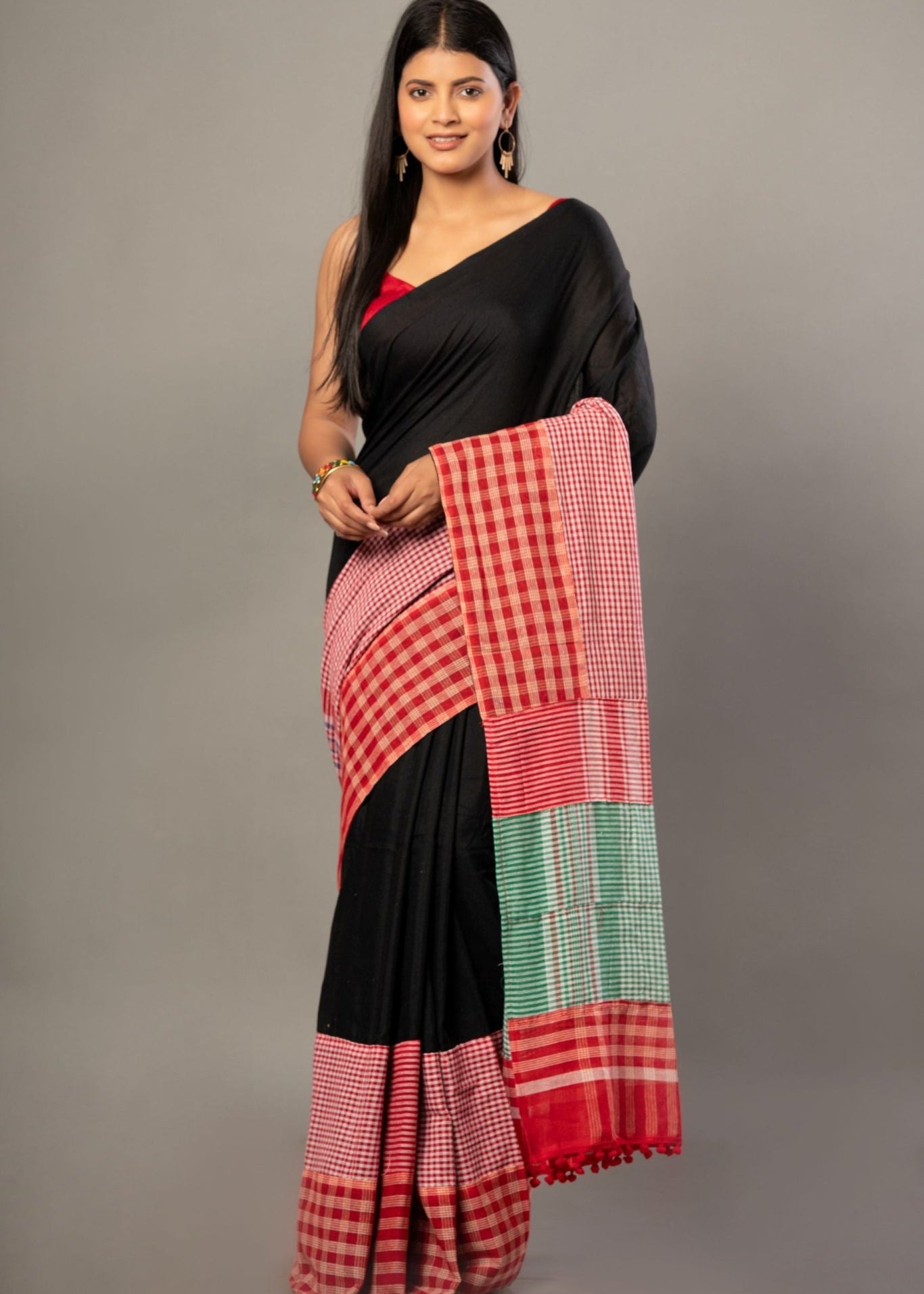 Black Cotton Gamcha Saree with Multicolor Checks - Anvi Couture