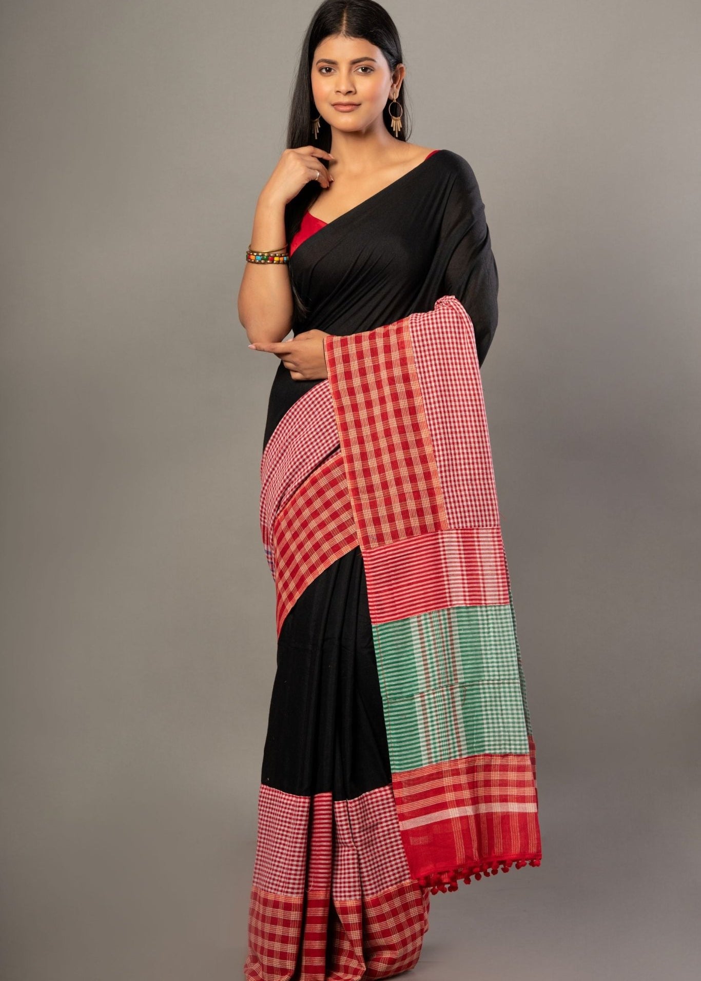 Black Cotton Gamcha Saree with Multicolor Checks - Anvi Couture