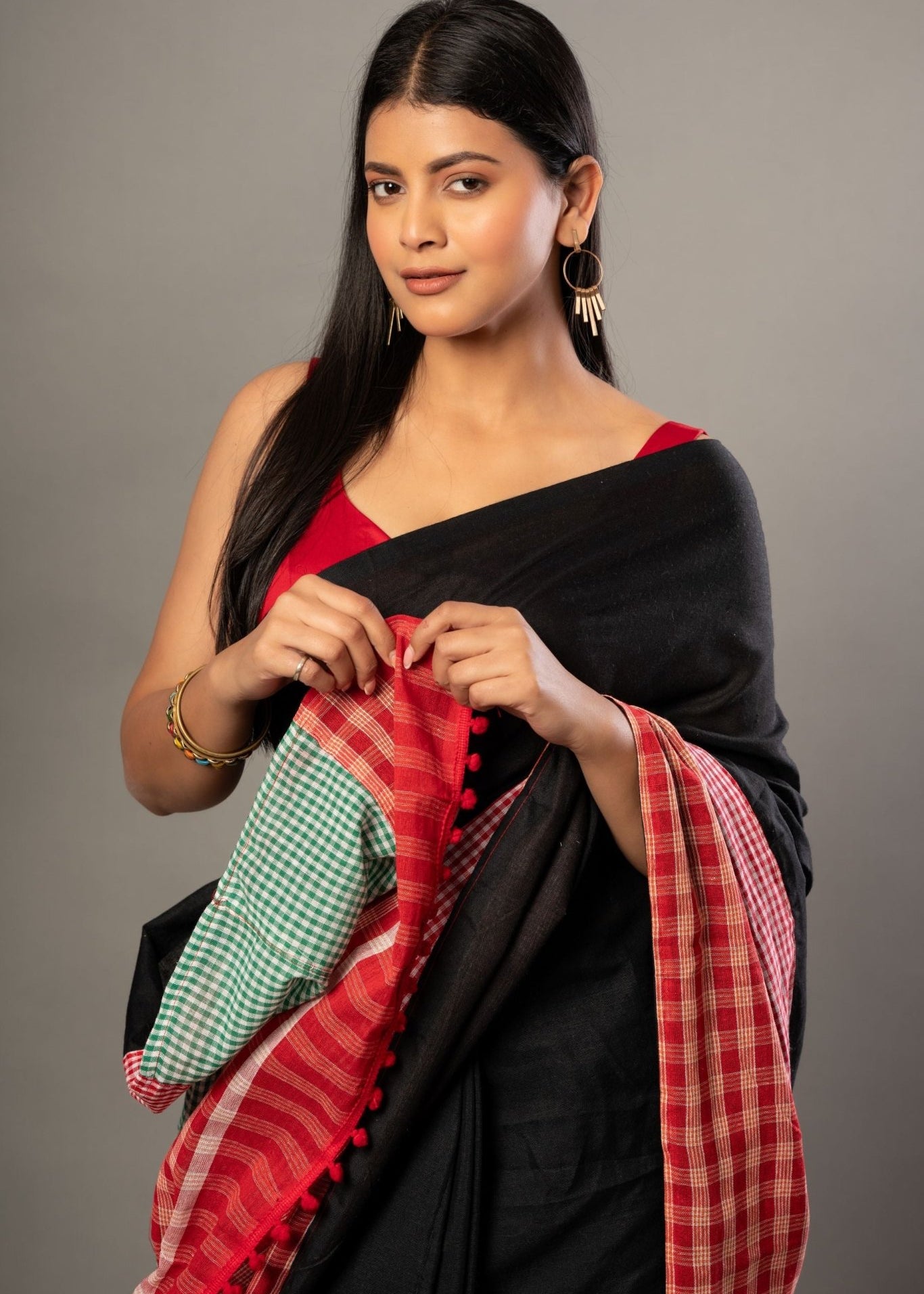 Black Cotton Gamcha Saree with Multicolor Checks - Anvi Couture