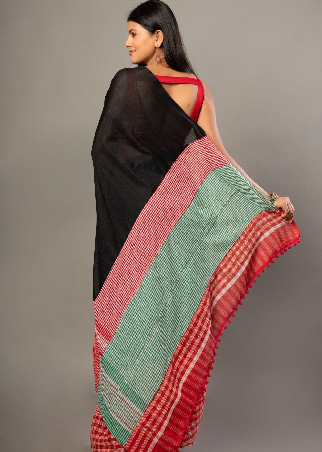 Black Cotton Gamcha Saree with Multicolor Checks - Anvi Couture