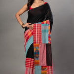 Black Cotton Saree With Red and Multicolor Gamcha Checks - Anvi Couture