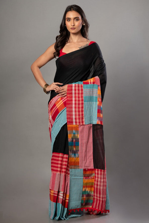 Black Cotton Saree With Red and Multicolor Gamcha Checks - Anvi Couture