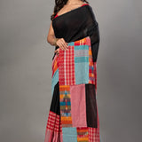 Black Cotton Saree With Red and Multicolor Gamcha Checks - Anvi Couture