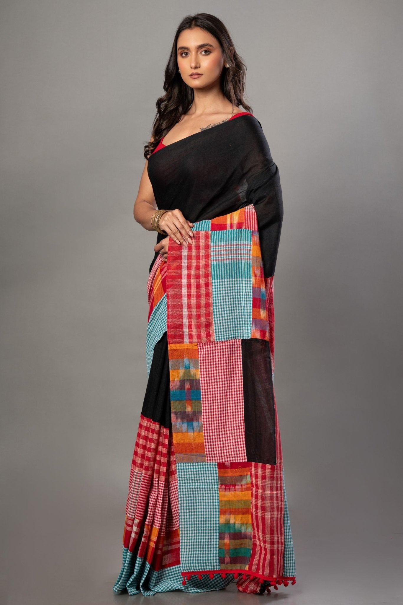 Black Cotton Saree With Red and Multicolor Gamcha Checks - Anvi Couture