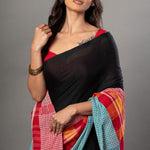 Black Cotton Saree With Red and Multicolor Gamcha Checks - Anvi Couture